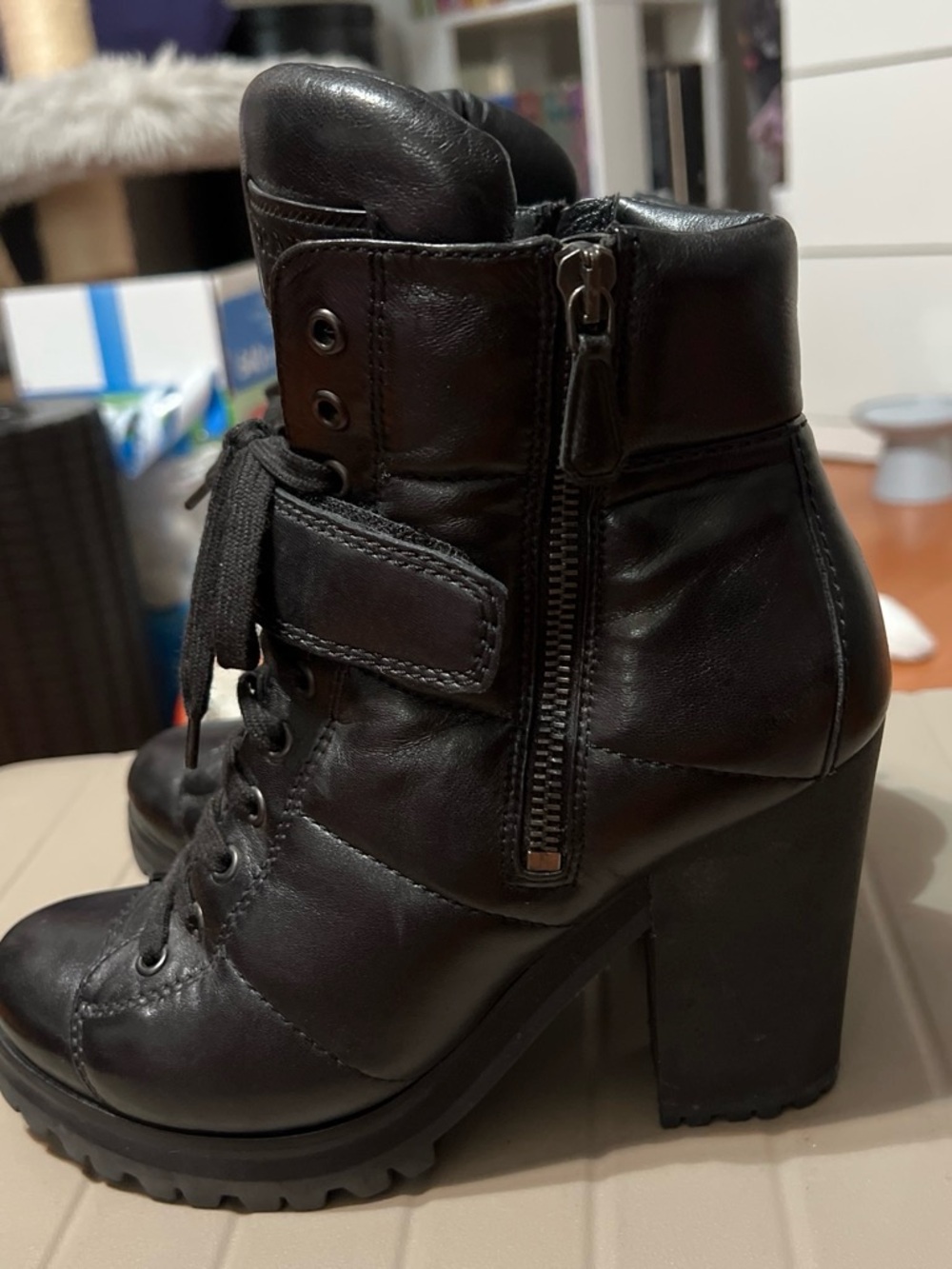 Prada Black Leather Chunky Heel Lace-Up Ankle Boots